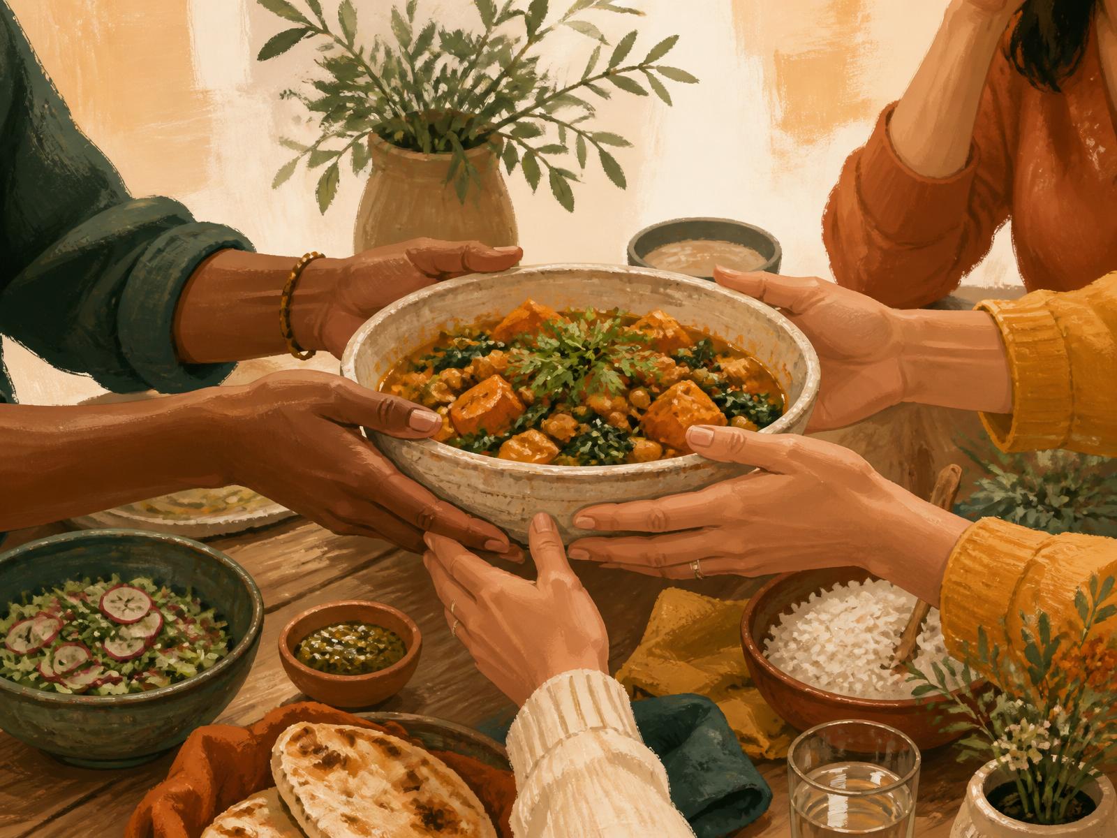 Hands passing a bowl of home-cooked food across a shared table.