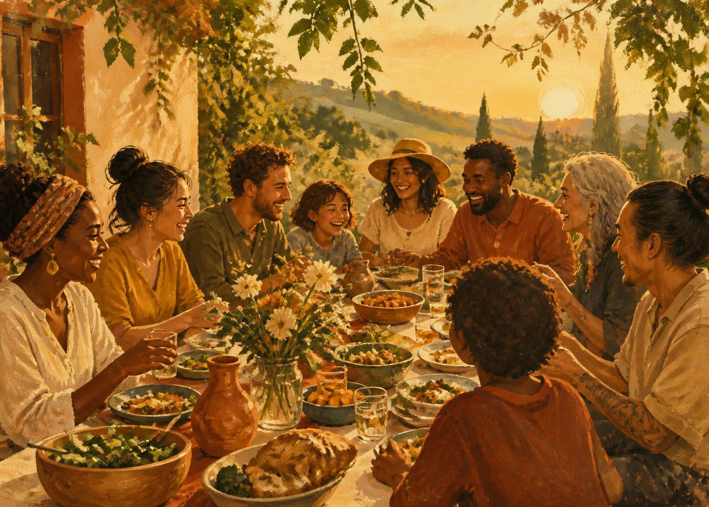 A community sharing a warm meal around a long outdoor table.